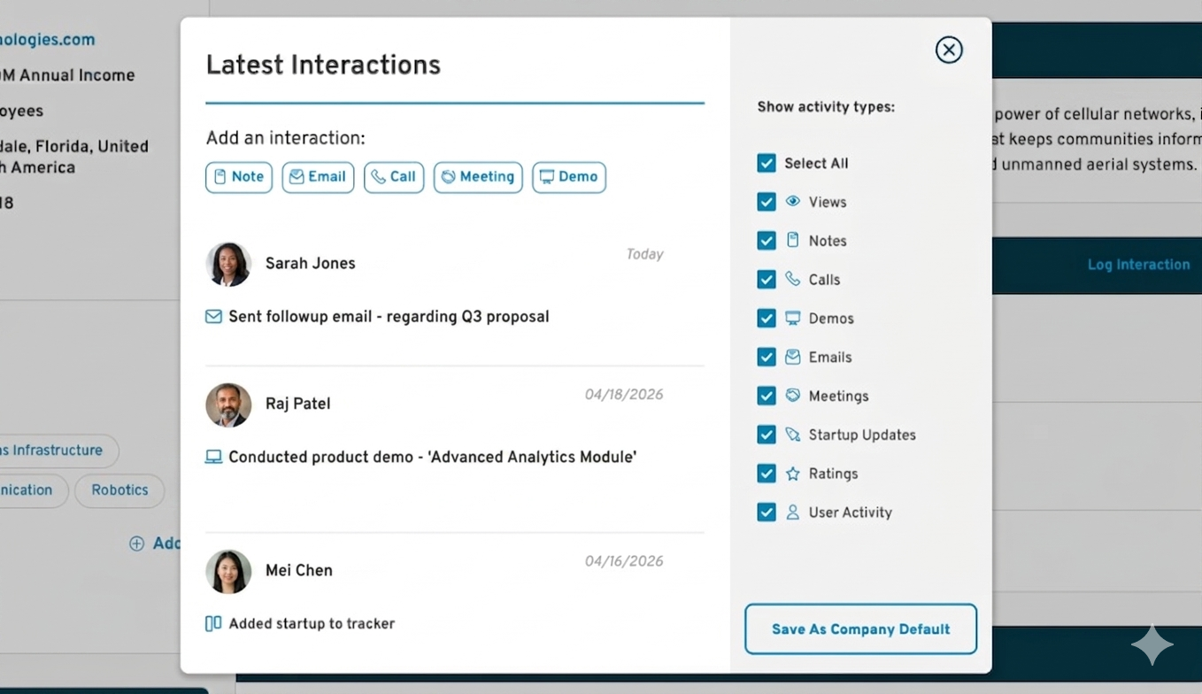 SwitchPitch CRM latest interactions log